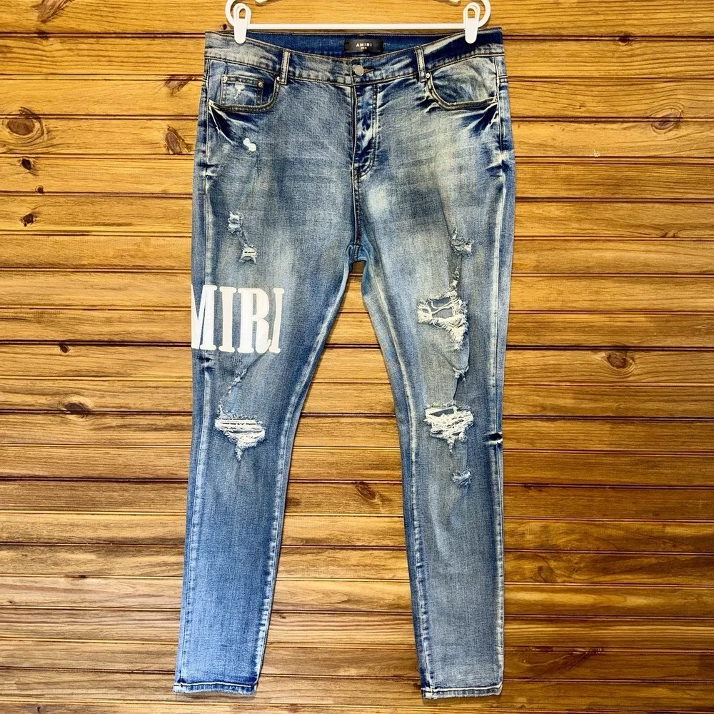 AMIRI Jeans Mens Size 36 Big Spell Out Logo Distressed Designer Street Blue USA